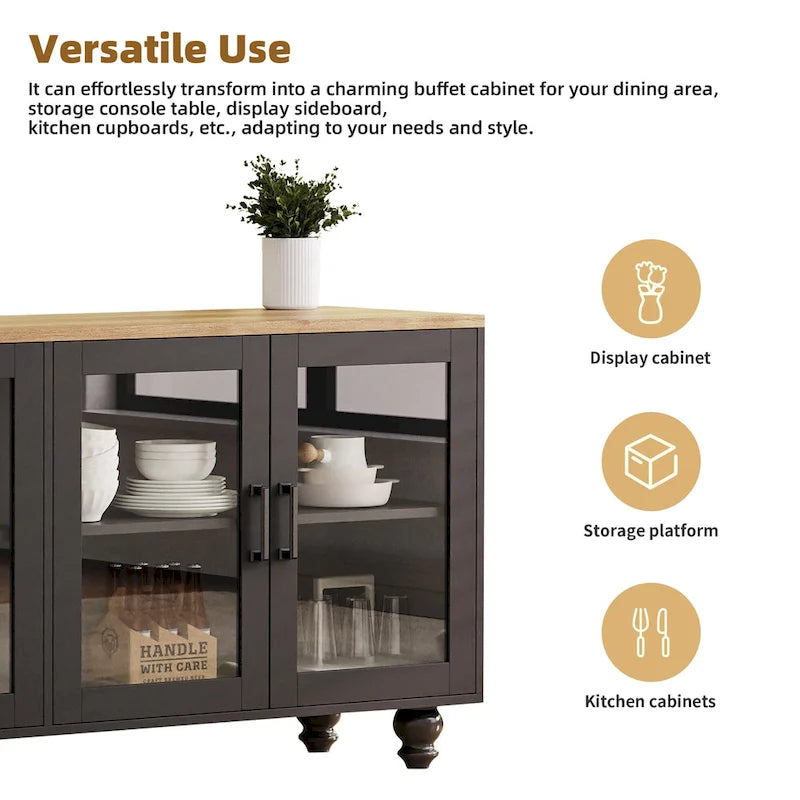 Black + Dark Walnut Farmhouse TV Entertainment Center with Bookshelves & Glass Doors for 70 TVs