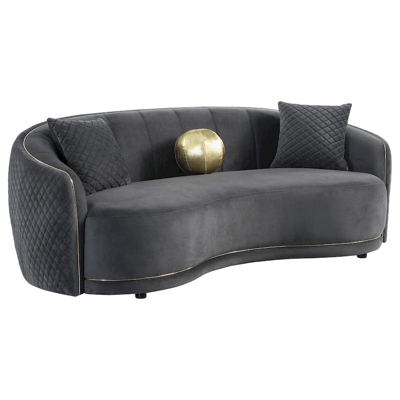 Curved Sofa, 92 Inch, Dark Gray Polyester, Gold Trim, 3 Pillows