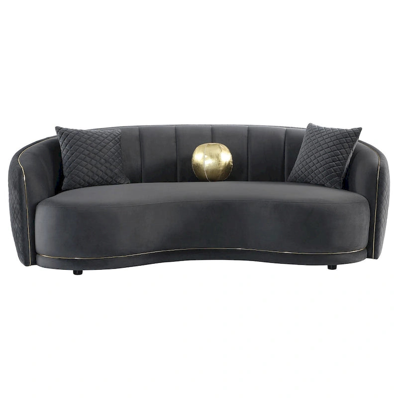 Curved Sofa, 92 Inch, Dark Gray Polyester, Gold Trim, 3 Pillows