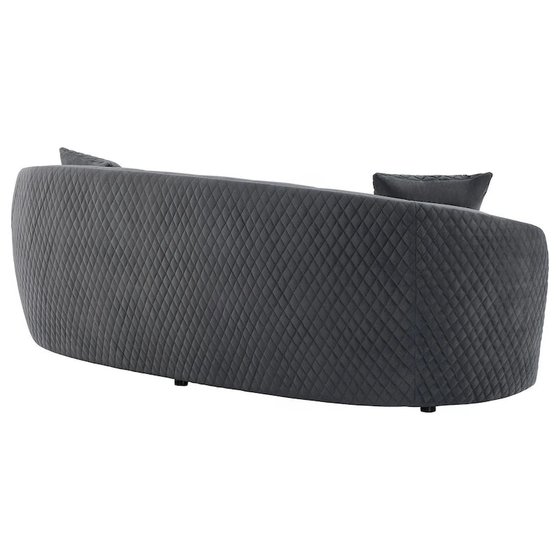 Curved Sofa, 92 Inch, Dark Gray Polyester, Gold Trim, 3 Pillows