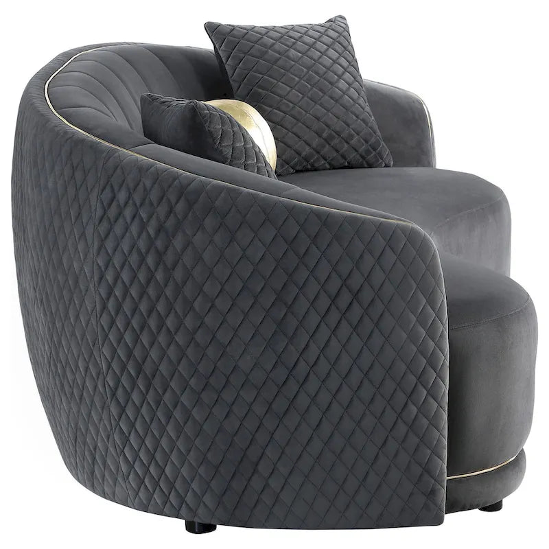 Curved Sofa, 92 Inch, Dark Gray Polyester, Gold Trim, 3 Pillows