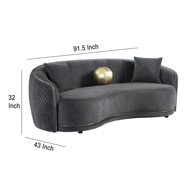 Curved Sofa, 92 Inch, Dark Gray Polyester, Gold Trim, 3 Pillows