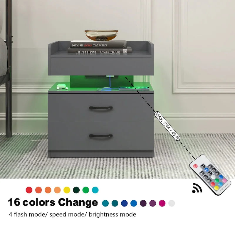 Smart Nightstand with Adjustable LED Light StripStorage Cabinet with 2 Drawers,Sofa Side Table, Coffee Table