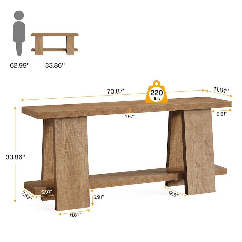 70.8 Inches Large Sofa Table, Modern 2-Tier Console Table for Entryway - 70.8 L x 11.81 W x 33.4 H