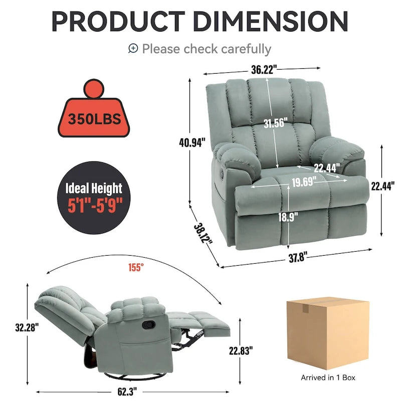 Green Oversized Fabric Recliner with 360 Swivel, Rocking Function, and Manual Controls for Maximum Comfort