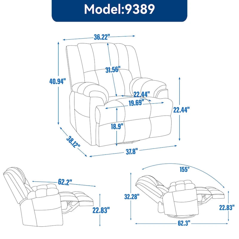 Green Oversized Fabric Recliner with 360 Swivel, Rocking Function, and Manual Controls for Maximum Comfort