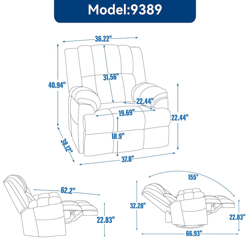 Green Oversized Fabric Recliner with 360 Swivel, Rocking Function, and Manual Controls for Maximum Comfort