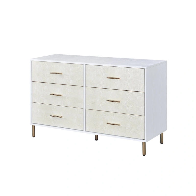 6-Drawer Solid Wood Double Dresser, Storage Cabinet with Slatted Drawer Fronts with Metal Handle, Bedroom Clothing Storage