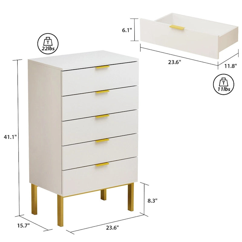 5 Drawer Dresser Chest of Drawers with Metal Leg Wood Dresser Storage