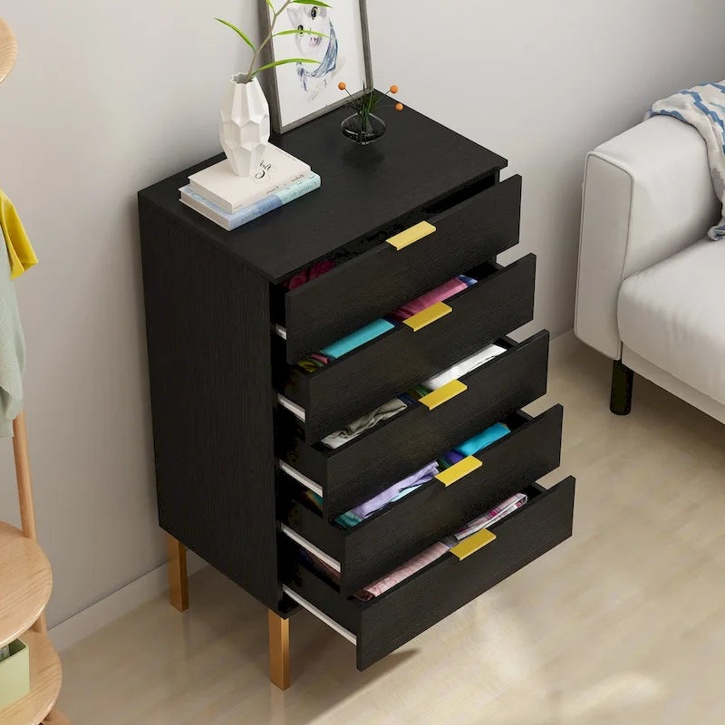 5 Drawer Dresser Chest of Drawers with Metal Leg Wood Dresser Storage