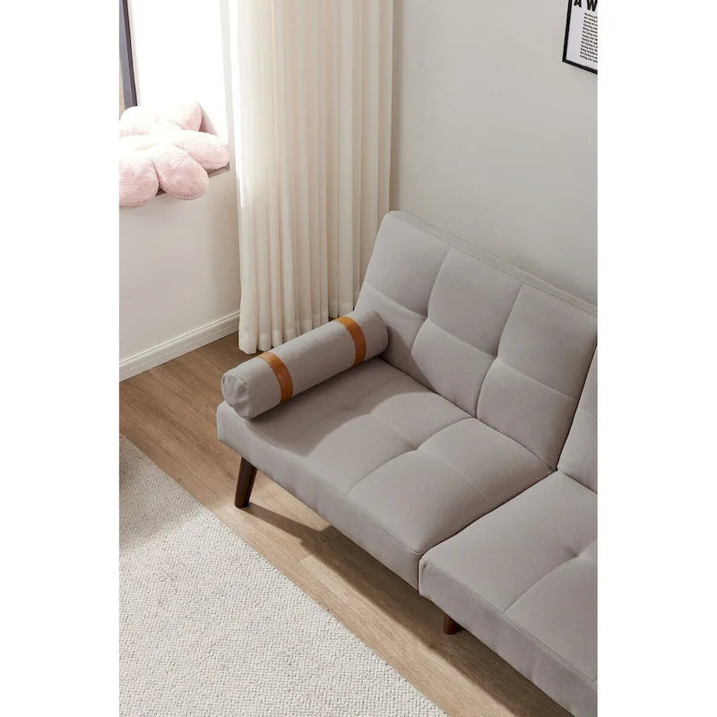 Convertible Sofa Bed Futon with Solid Wood Legs Linen Fabric Musterd Green